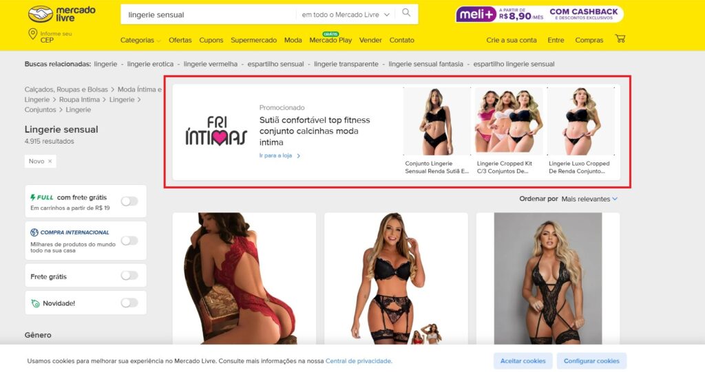 print do mercado livre com pesquisa para lingerie sensual