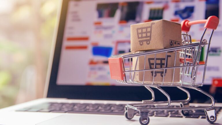 computador logado na temu e um carrinho pequeno de compras na frente