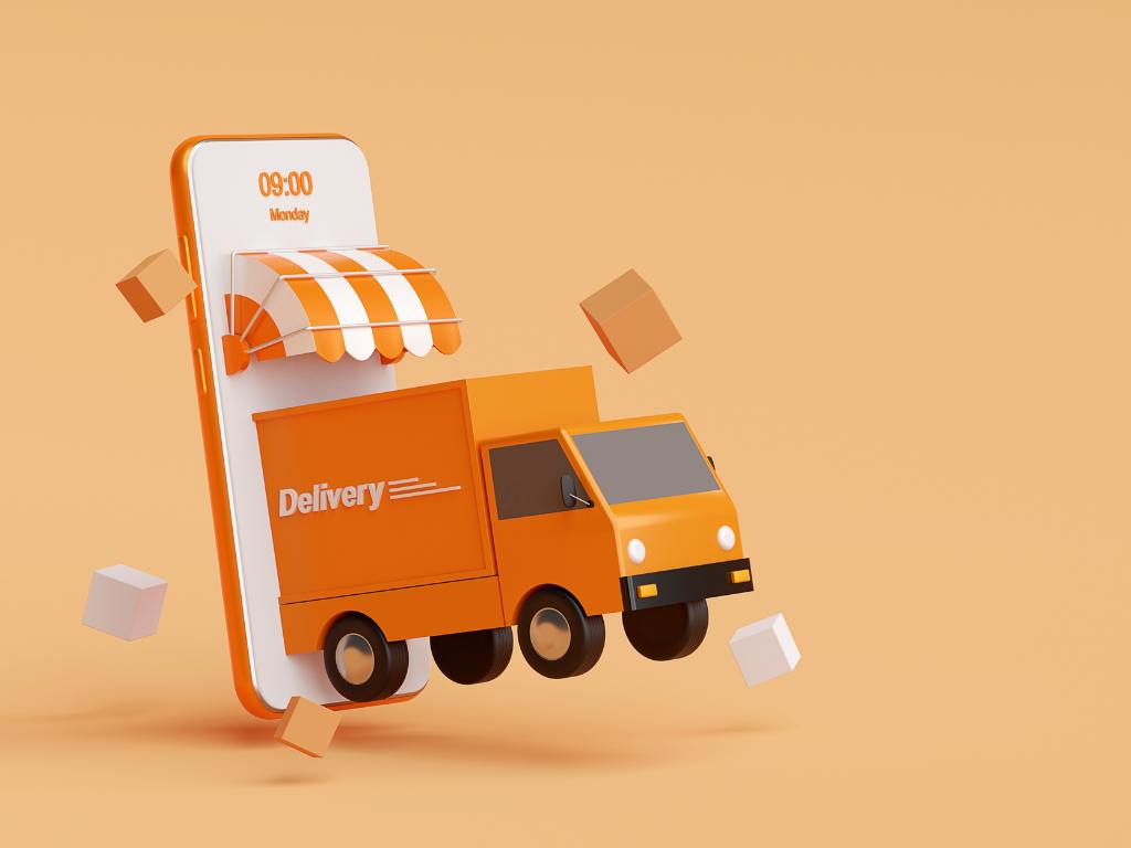 Ilustração de entrega rápida com celular e caminhão