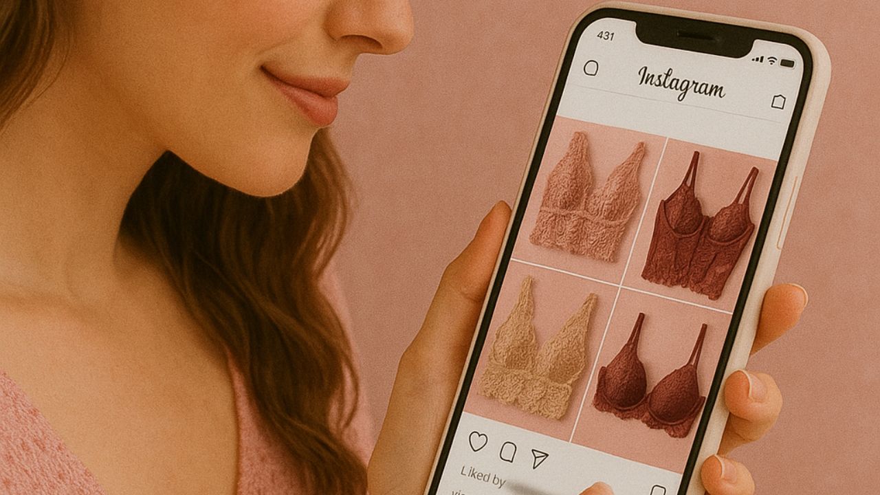 mulher usando celular com feed do instagram de lingerie