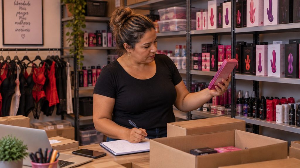 revendedora analisando sexo shop