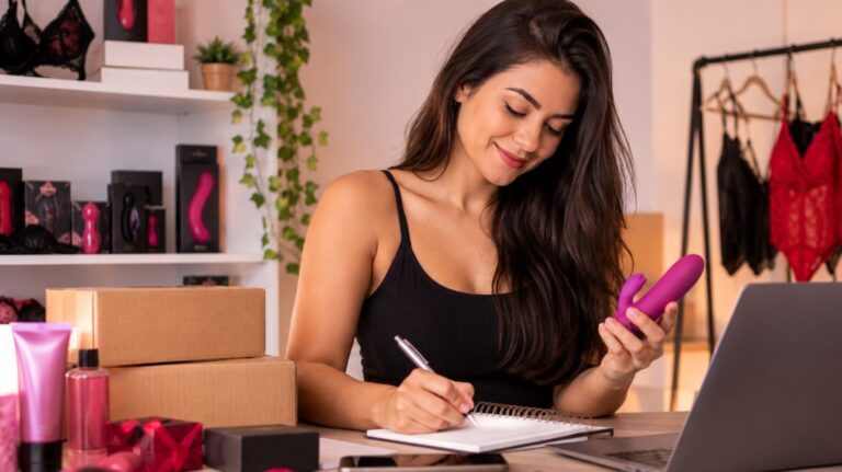 mulher anotando informações para reposição do estoque de sex shop